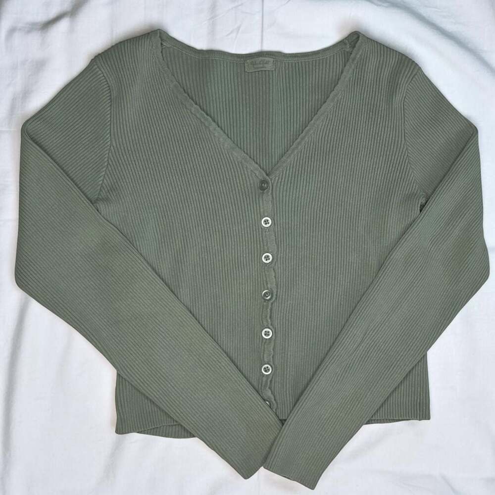 John Galt Sage Green Ribbed Cardigan Soft 90s Layering Top